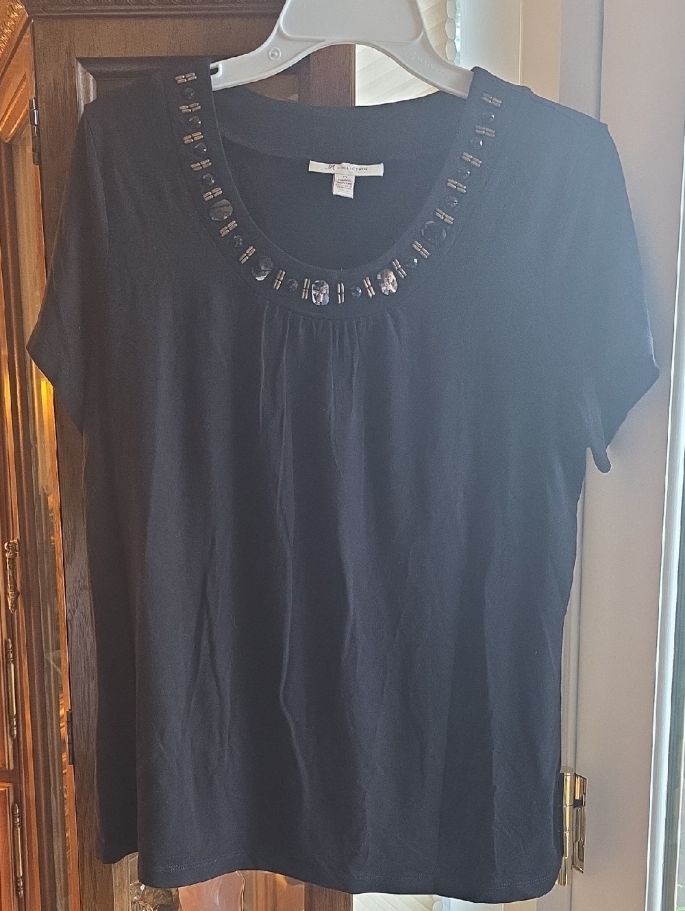 JM Collection Black Short-Sleeve Tee with Beaded Scoop Neck